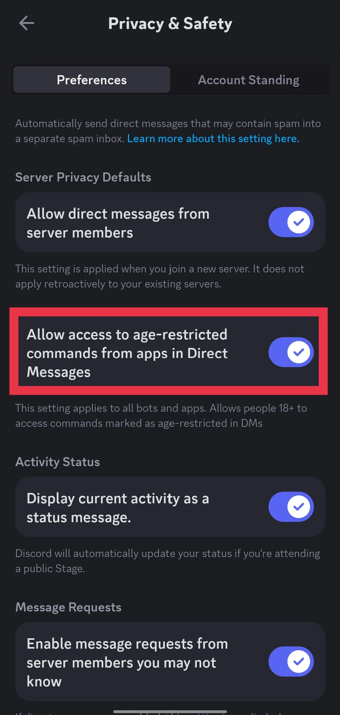 Allow access to age-restricted commands from apps in Direct Messages option Discord app