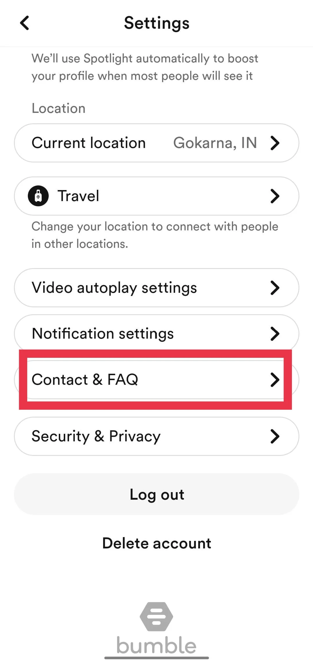Bumble app Contact & FAQ section