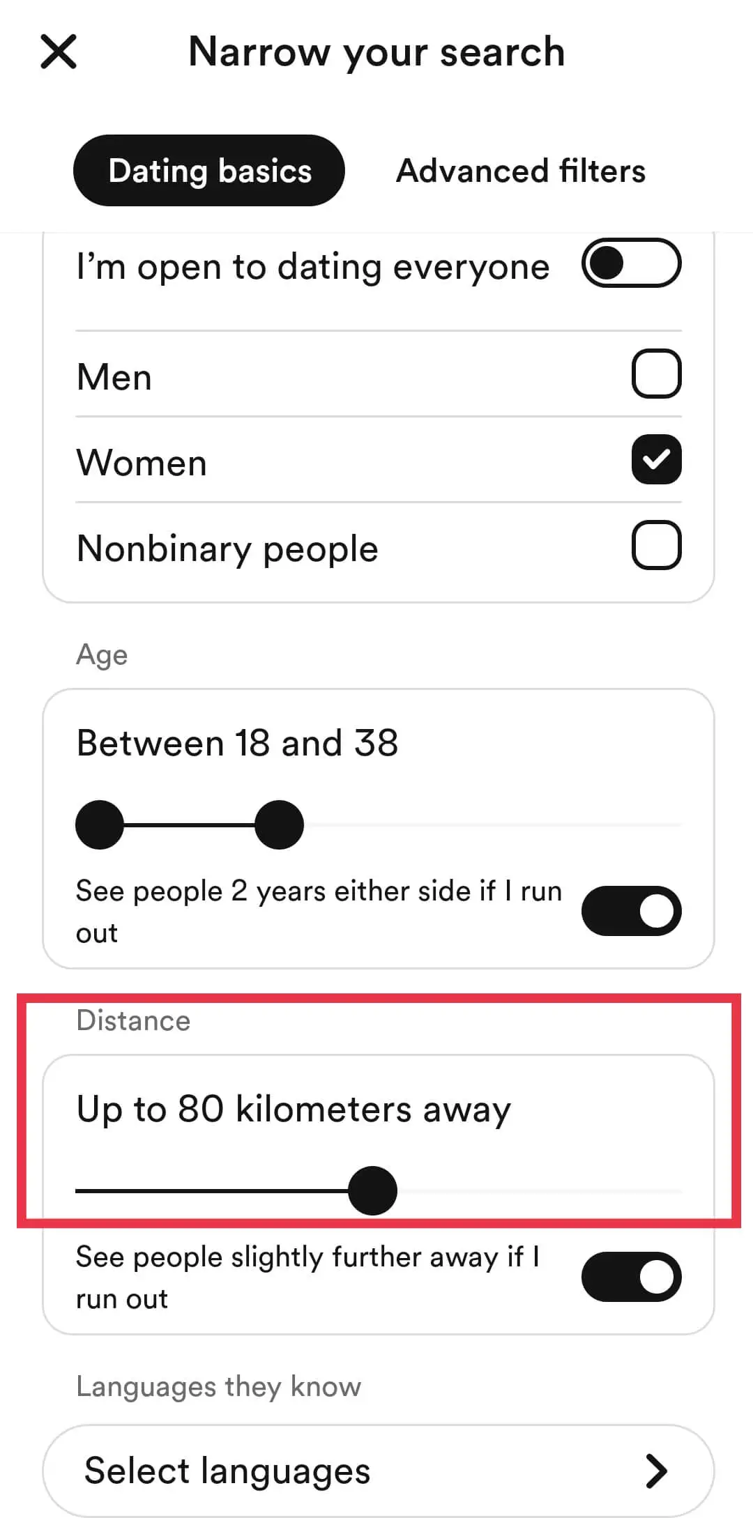 Bumble app change distance settings