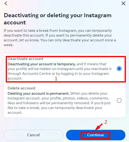 Deactivate Account on Instagram web