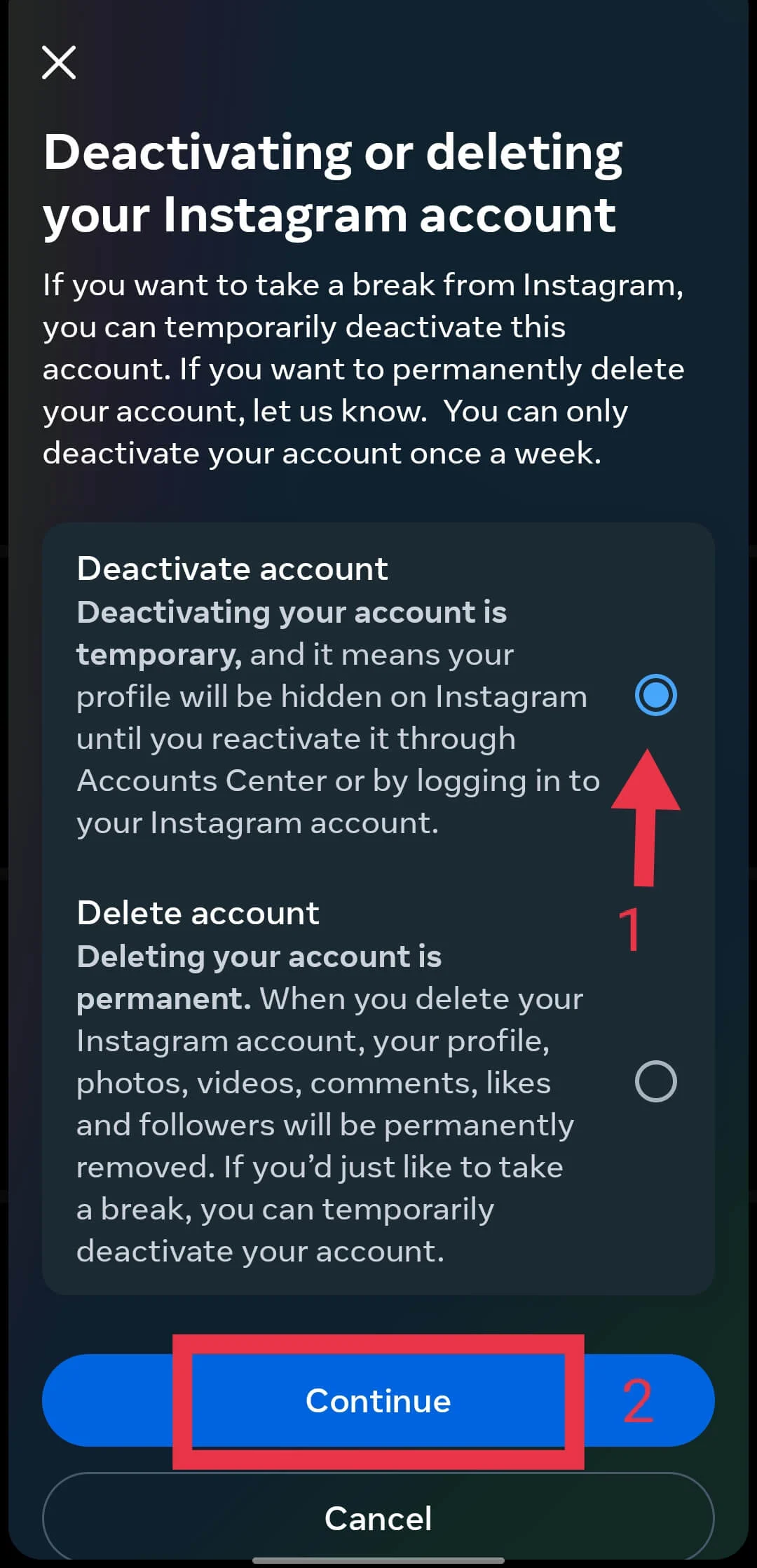 Deactivate account option on Instagram app