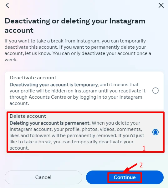 Delete Account on Instagram web