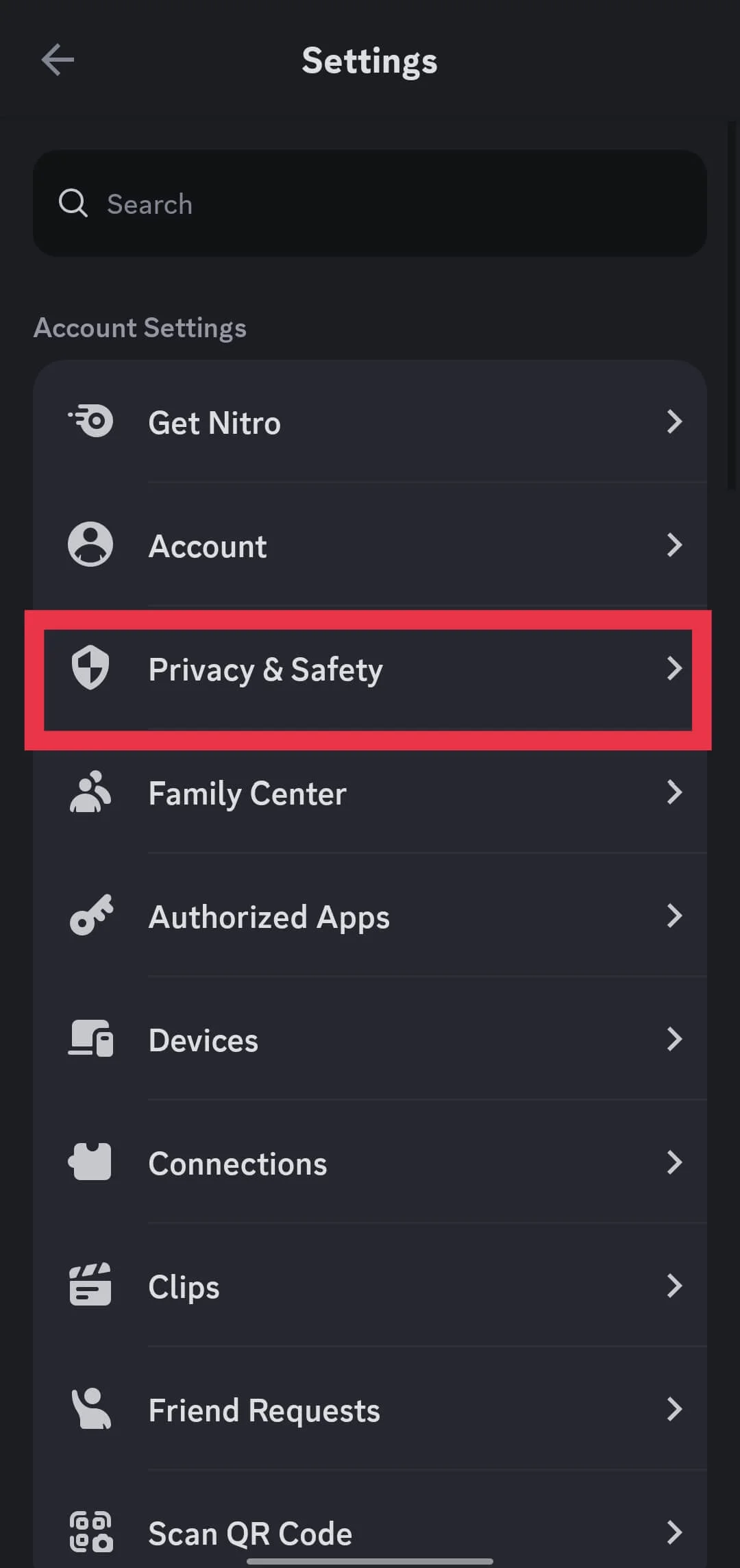 Discord app Privacy & Safety section