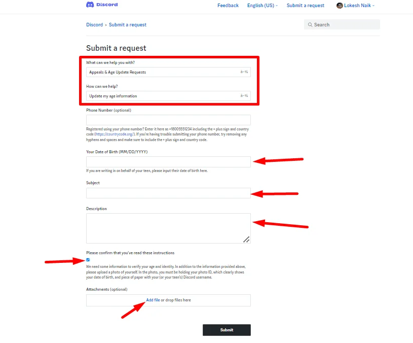 Discord web Submit age change request