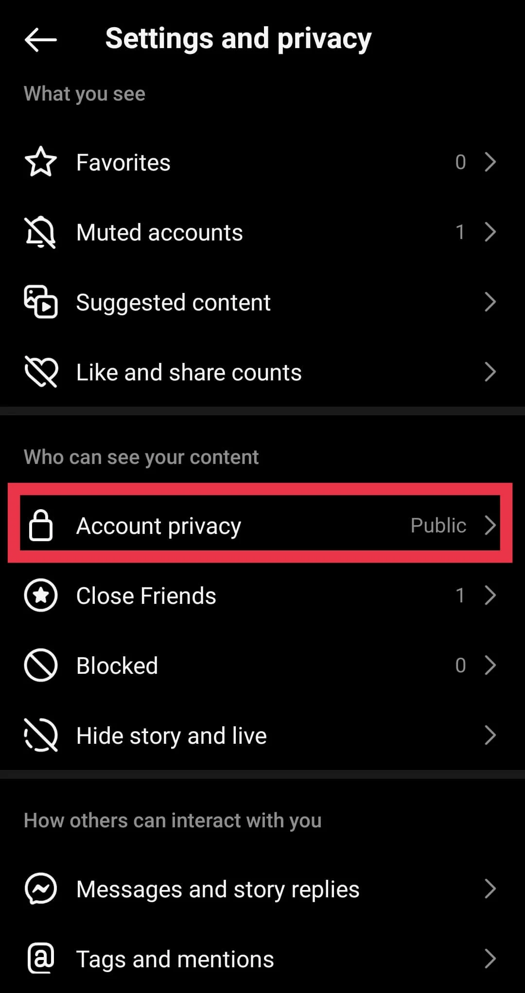Instagram app Account privacy option