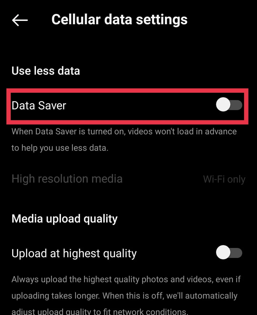 Instagram app Data saver option for Android