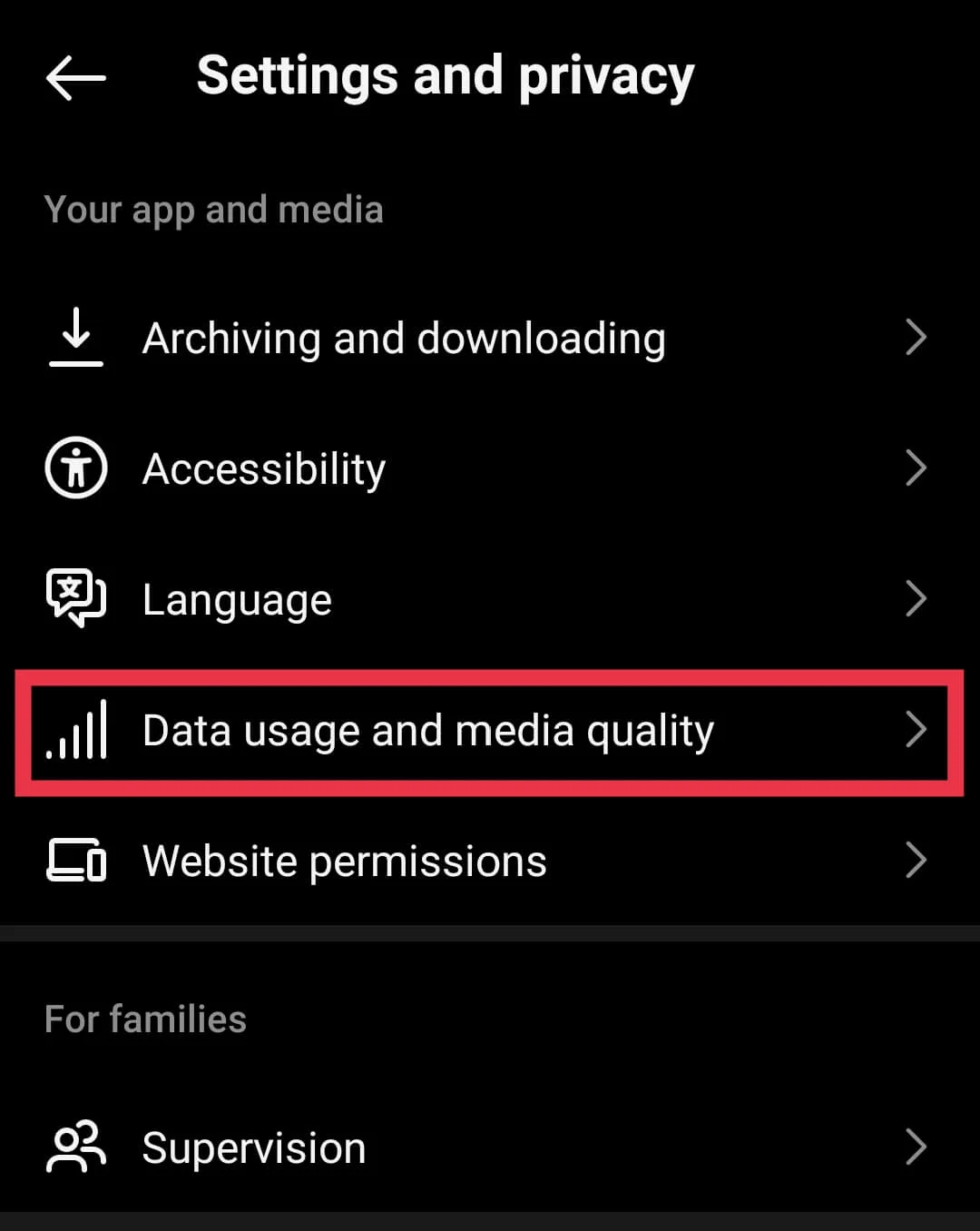 Instagram app Data usage and media quality