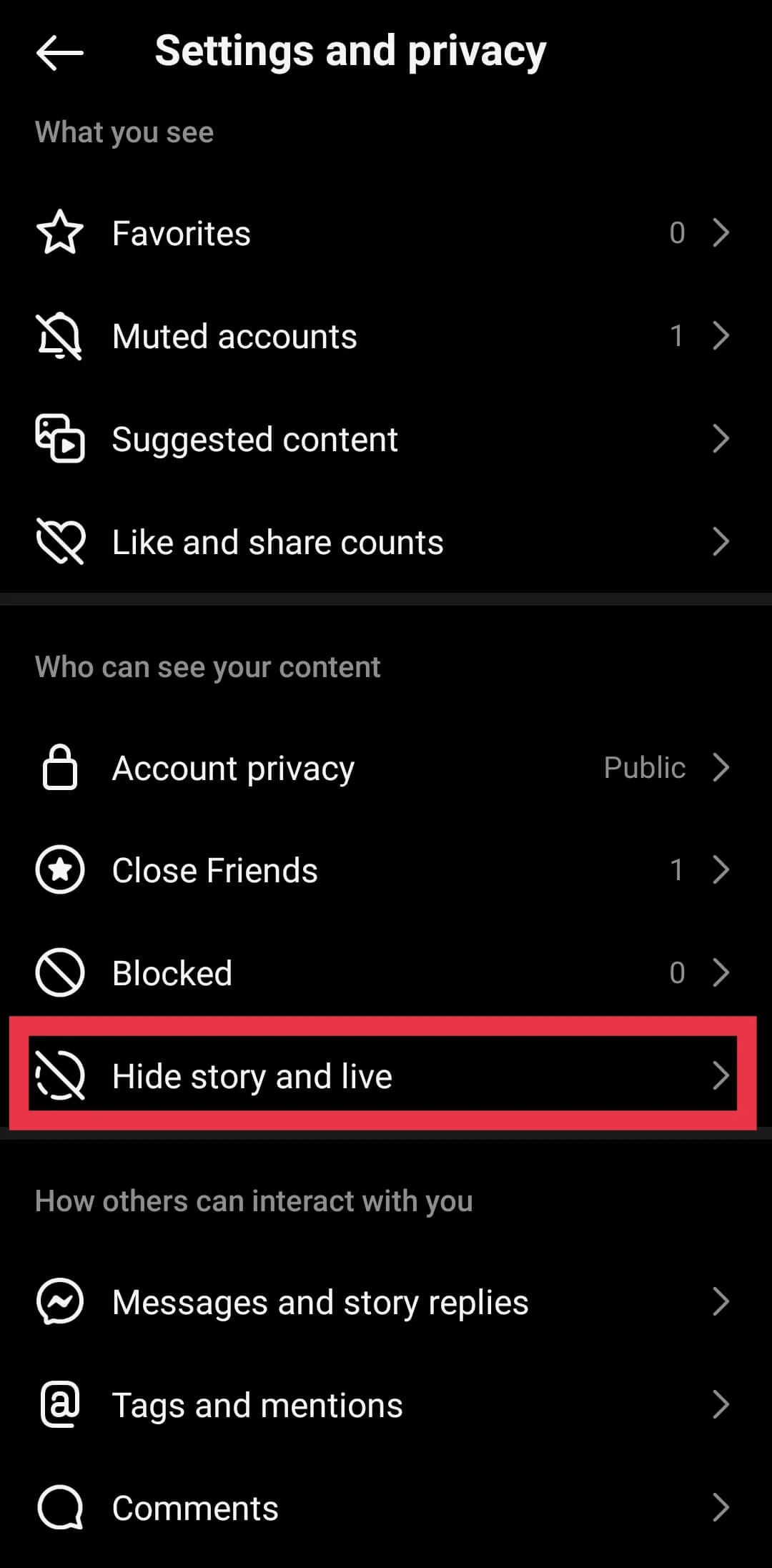 Instagram app Hide story and live option