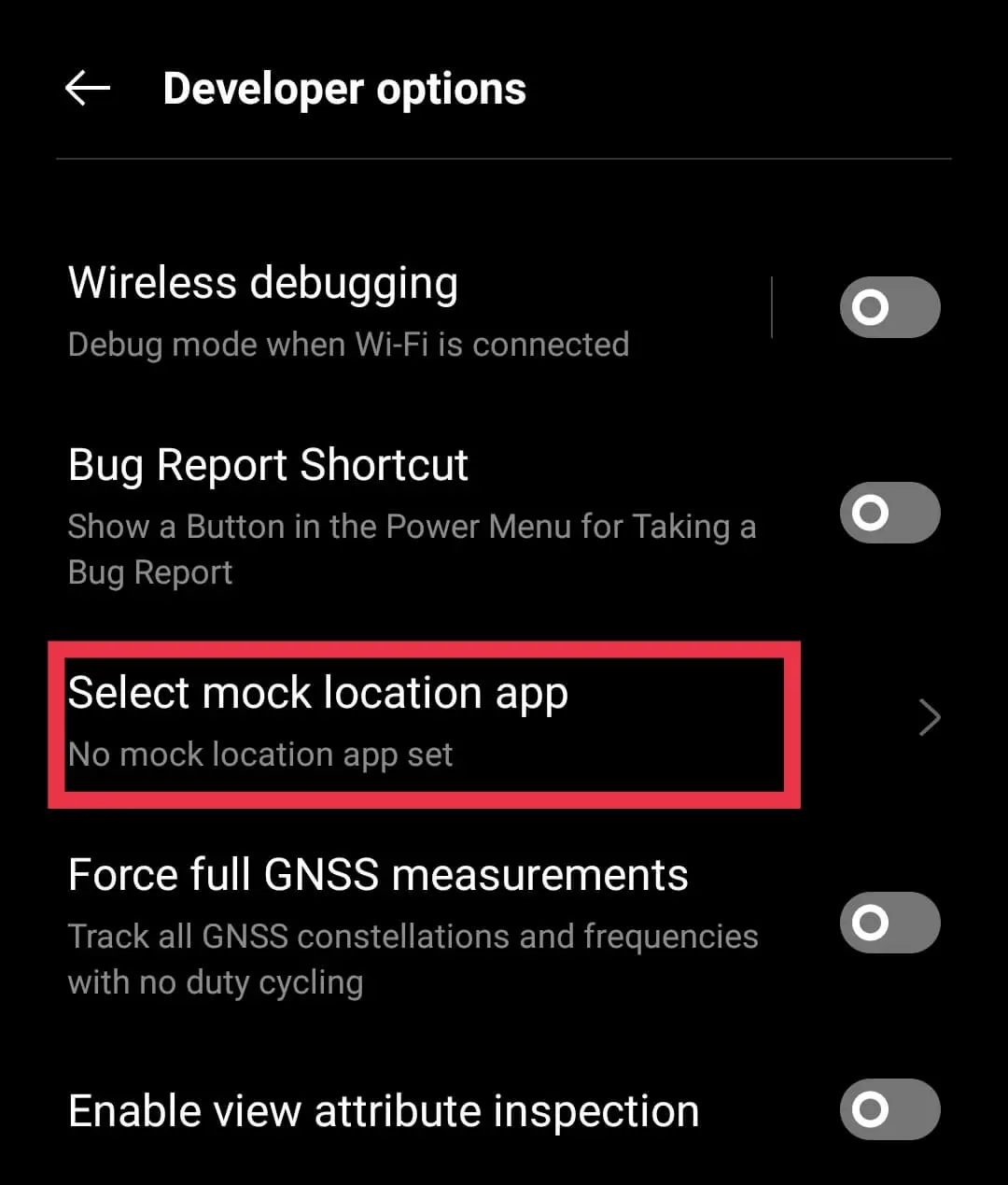 Select mock location app on Android developer options