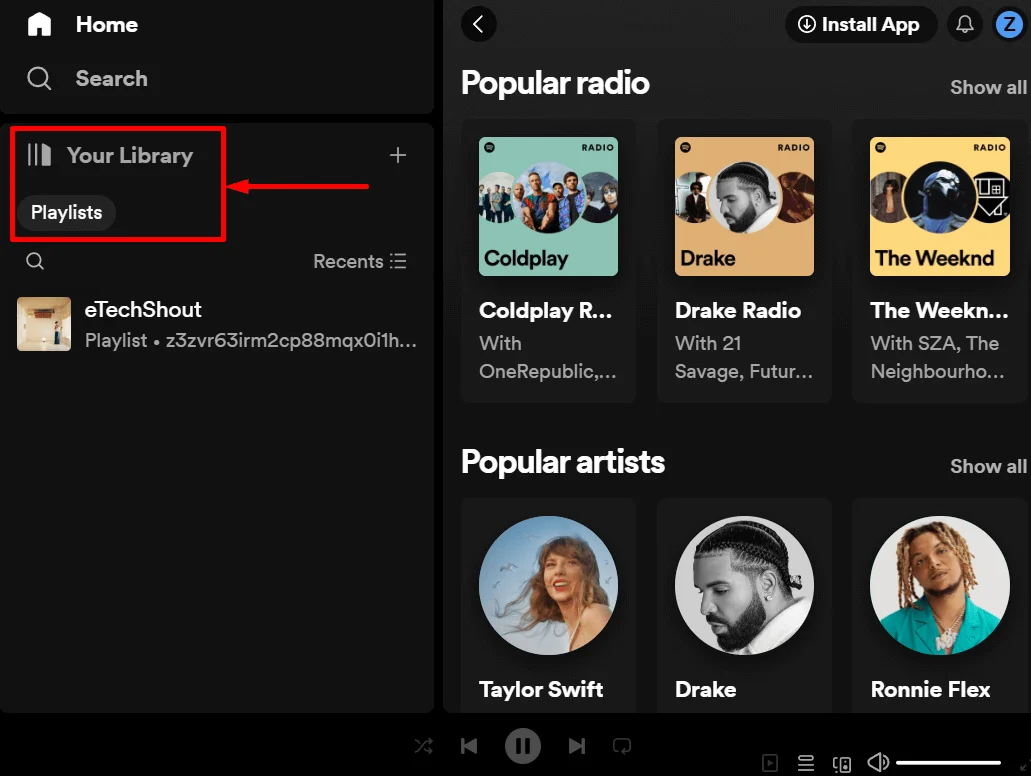 Spotify Your Library or Playlist section
