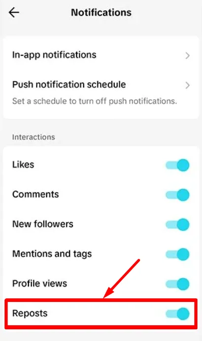TikTok turn off Reposts notifications