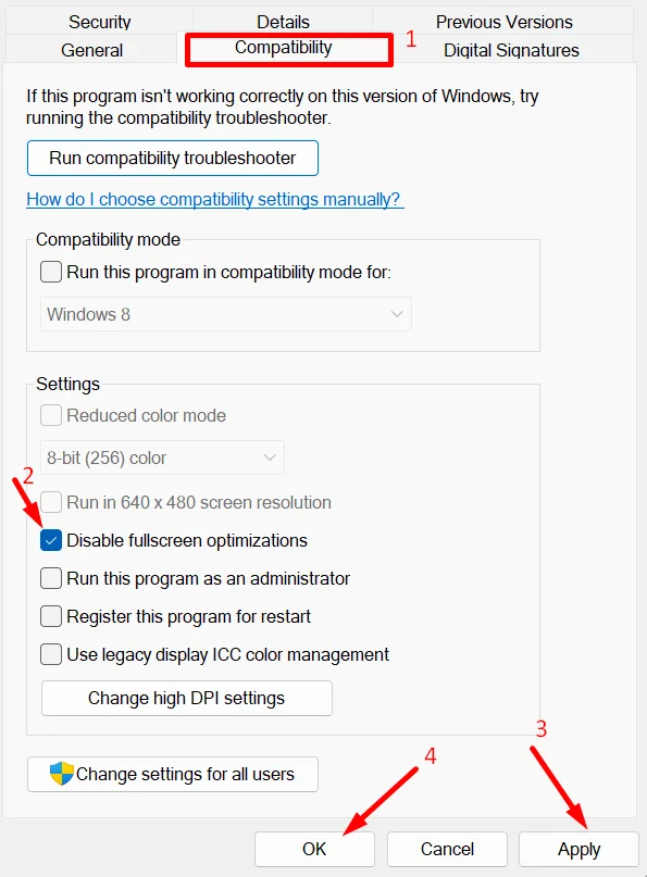 Disable full-screen optimizations on Windows