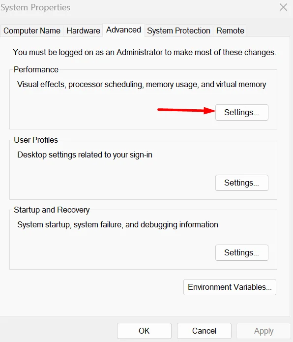 Performance settings Windows