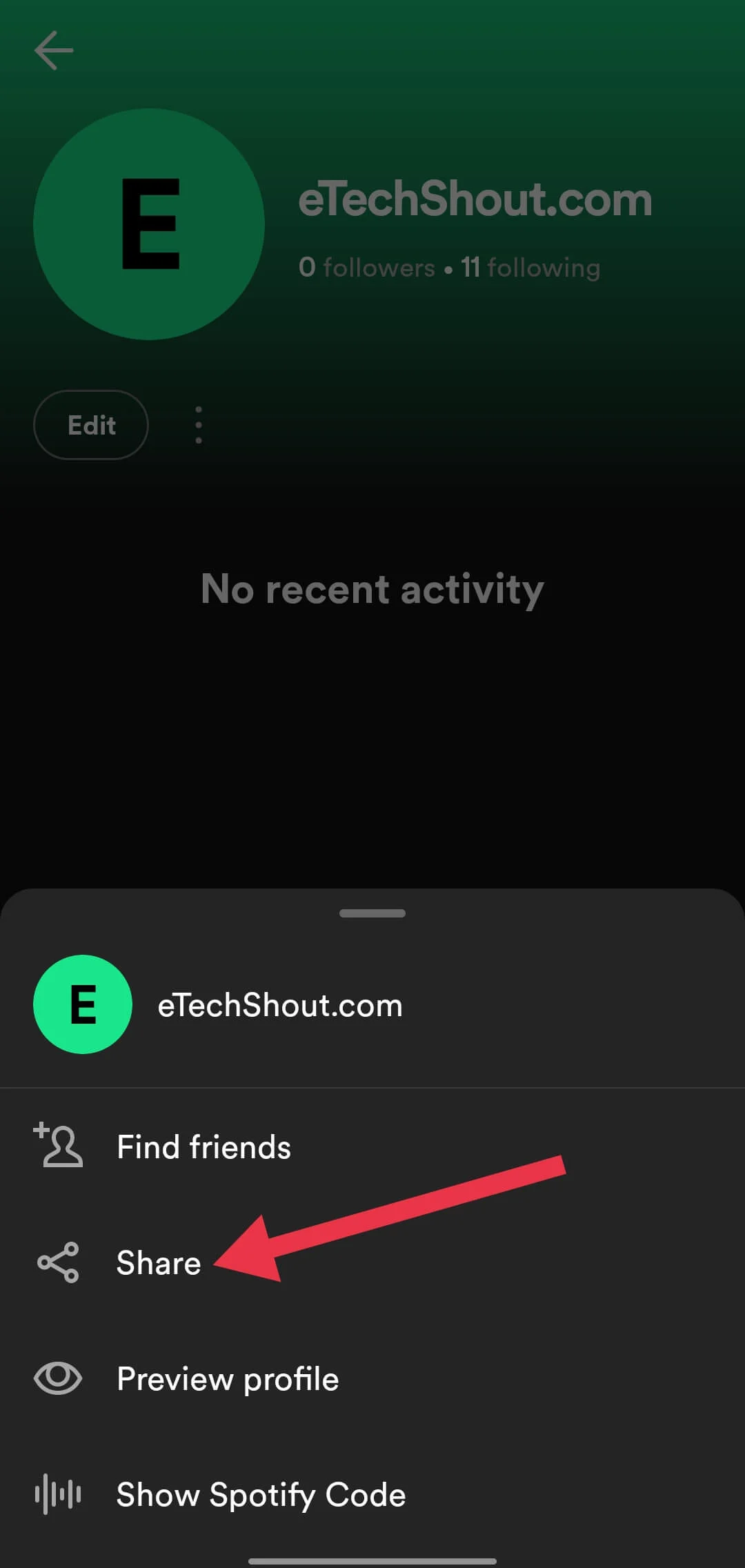 Spotify app profile share option