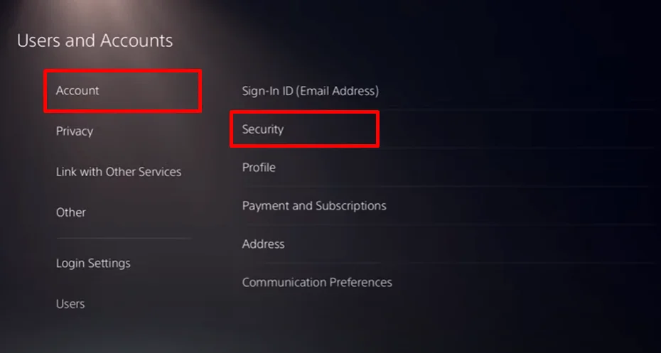 PS5 Account Tab Security Settings