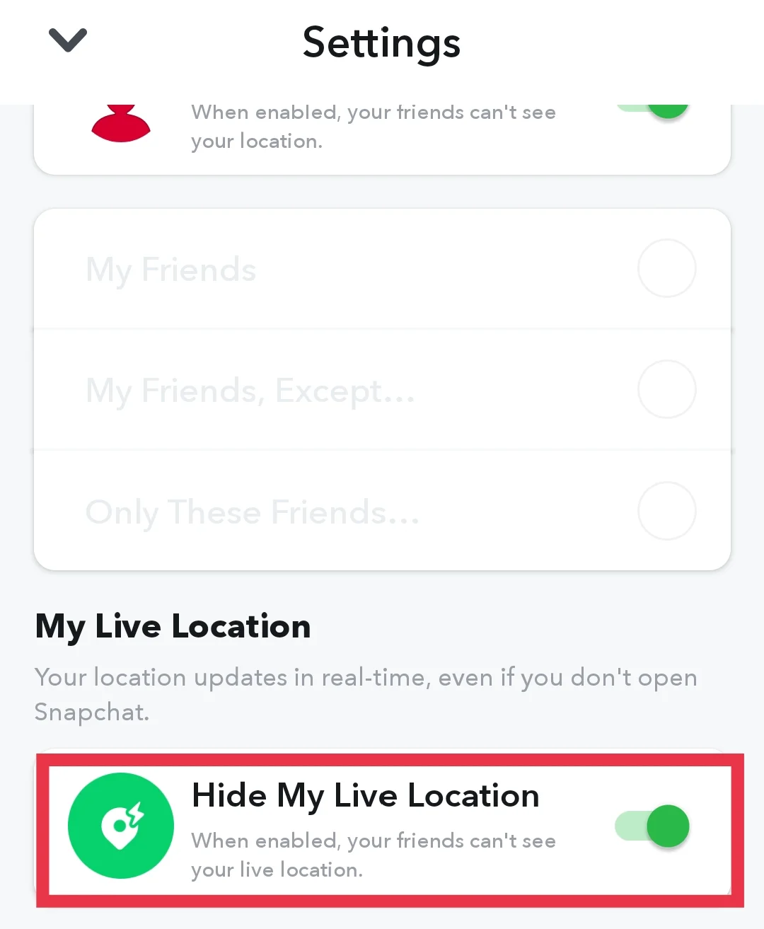 Snapchat Hide My Live Location option