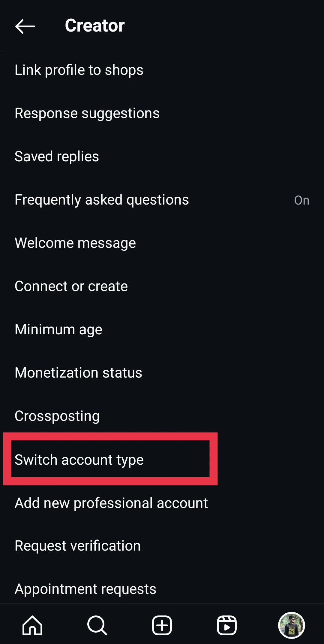 Switch account type on Instagram