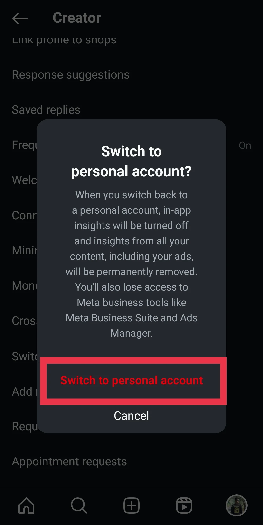 Switch to personal account confirmation