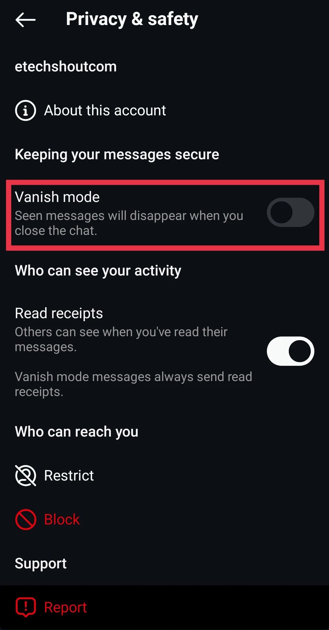 Turn off vanish mode option