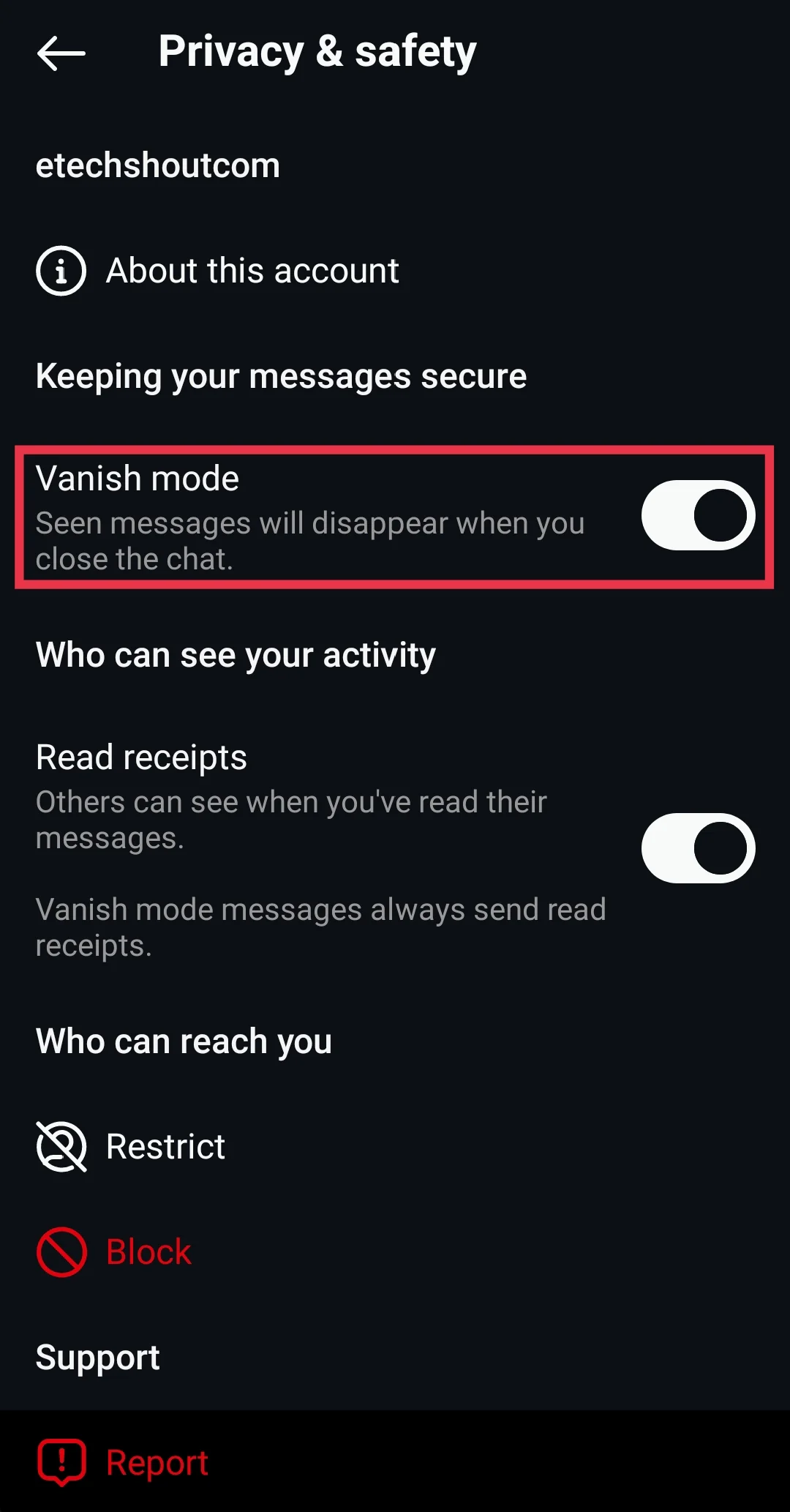 Turn on vanish mode option