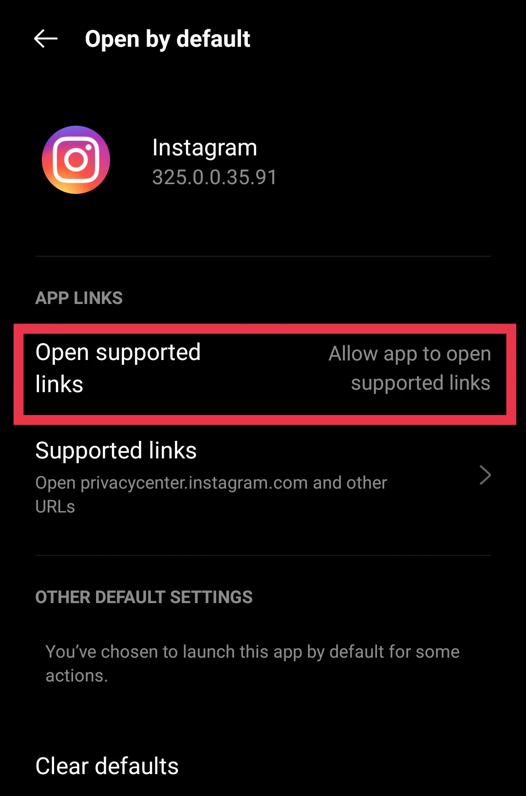 Instagram app Open supported links