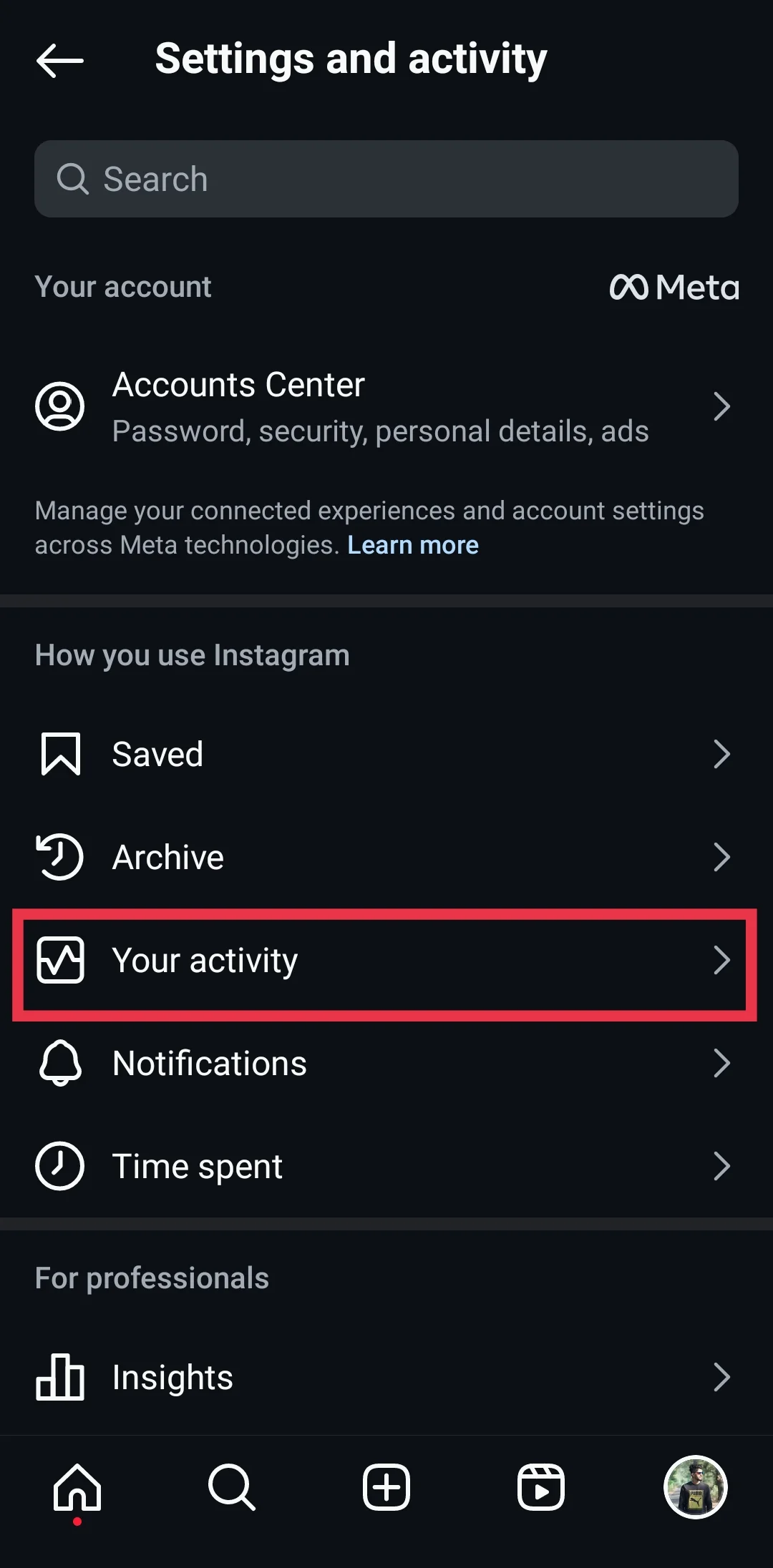 Instagram app Your Activity section