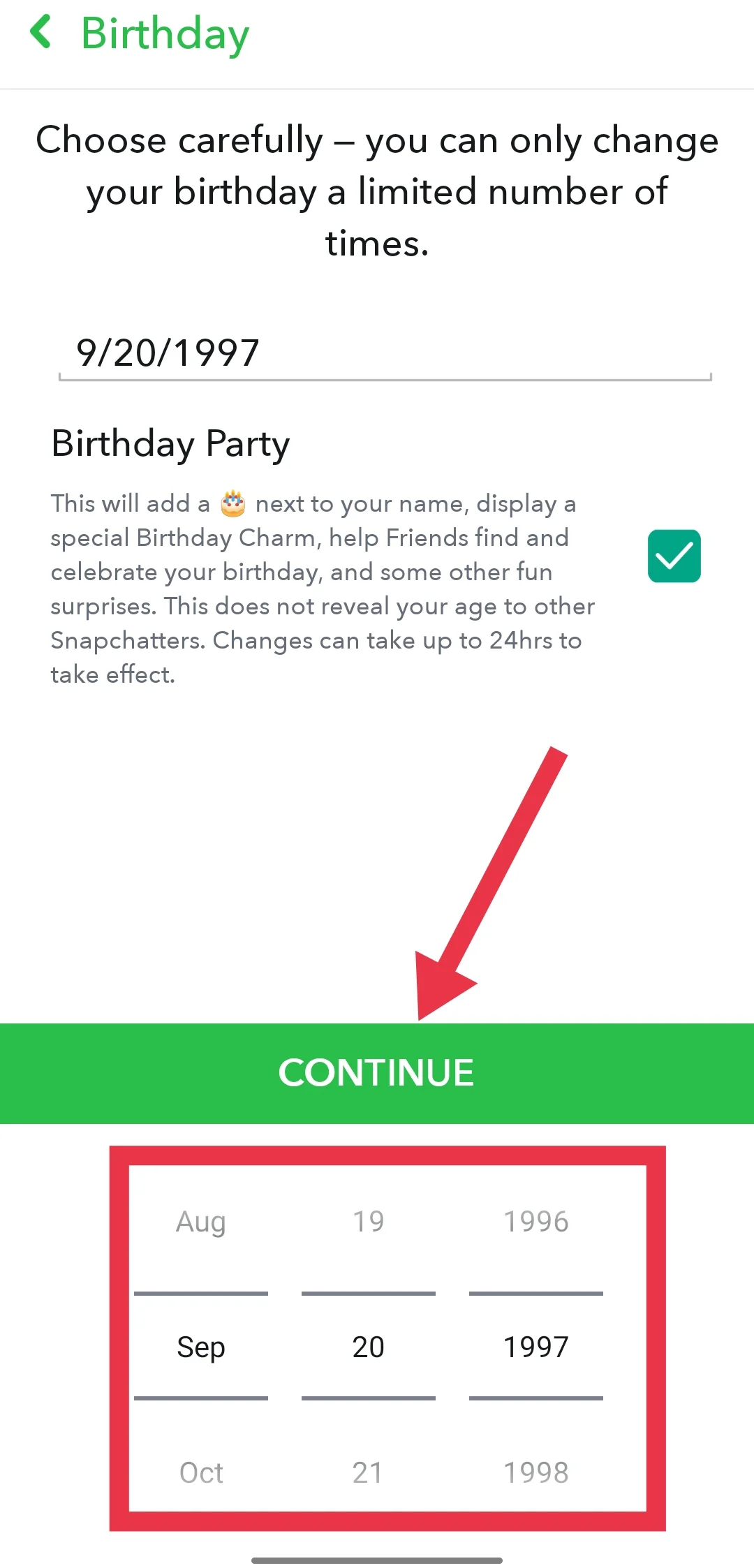 Change Snapchat birthday confirm