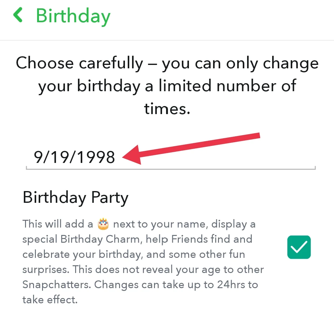 Click on birthday date to change on Snapchat