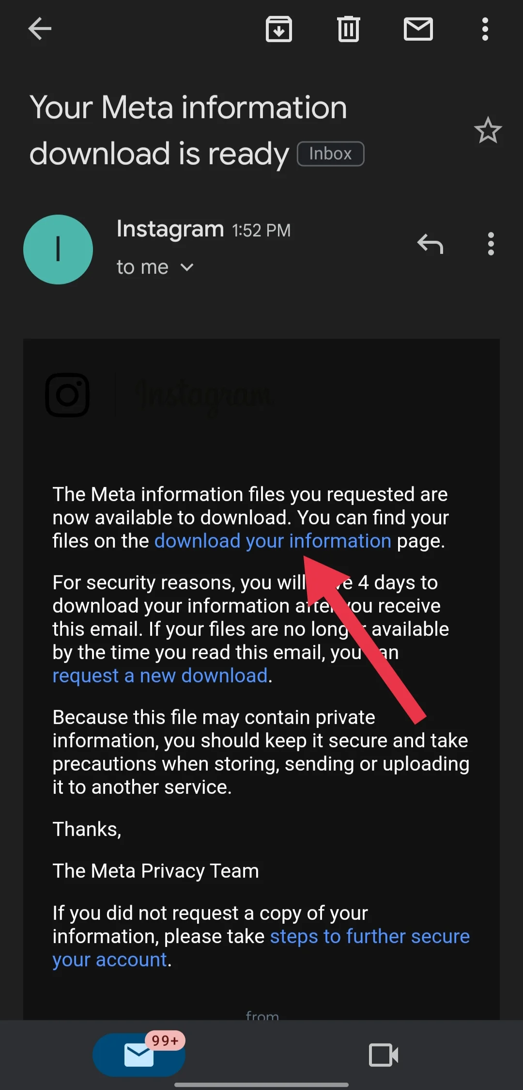 Download your information on instagram data email