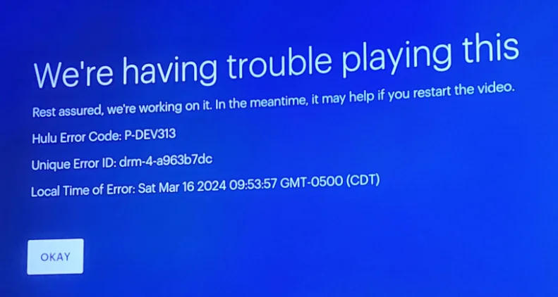Hulu error message p-dev313