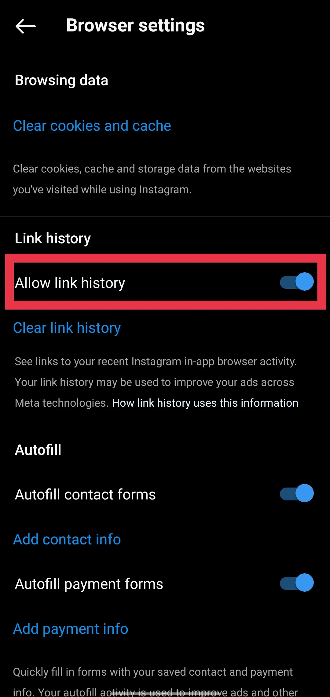 Instagram Allow link history enabled