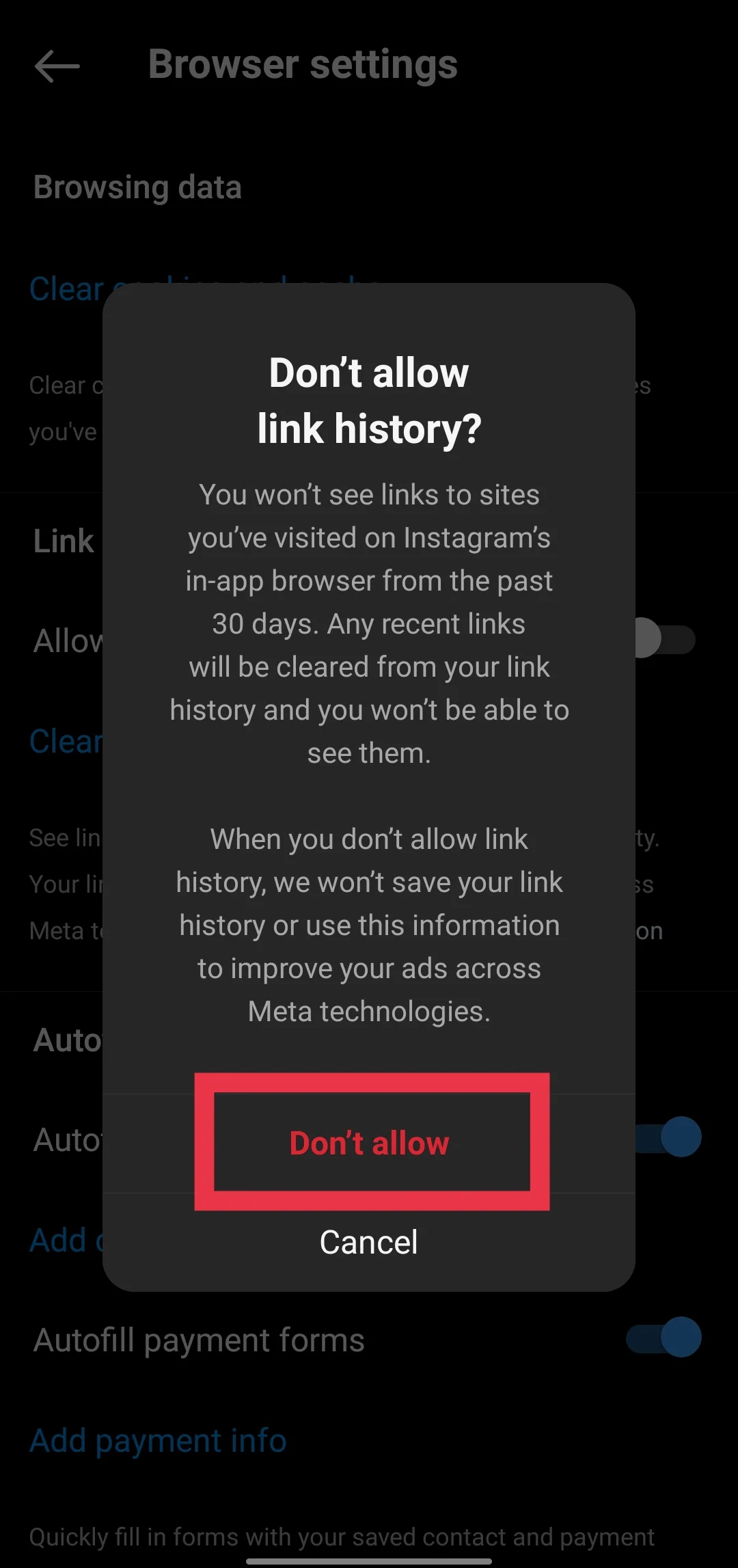 Instagram Don't allow link history