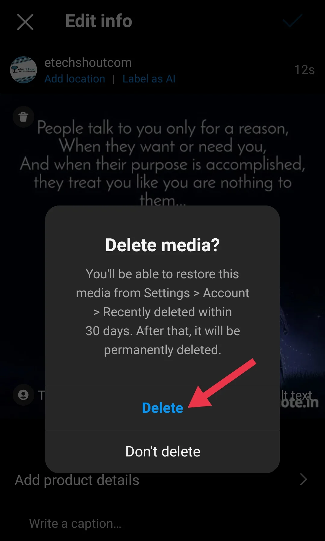 Instagram delete media option