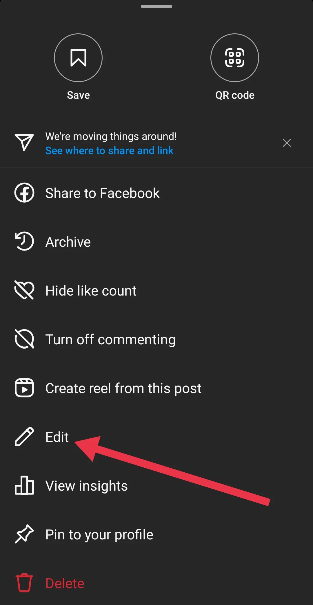 Instagram post Edit option