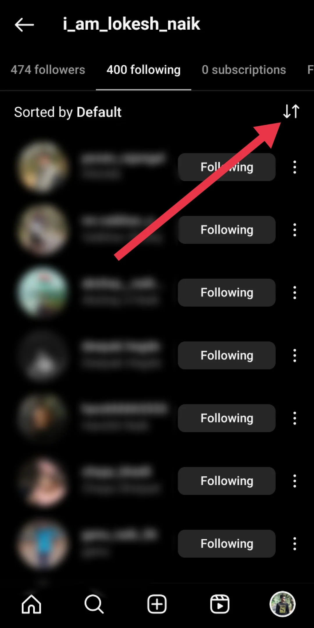 Instagram following list sort button