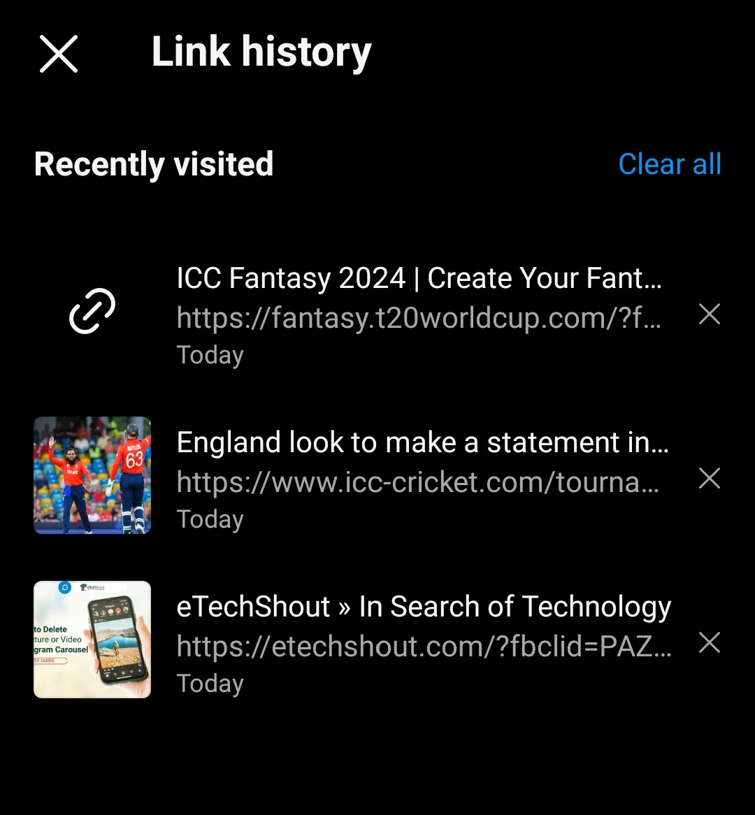 Instagram link history section