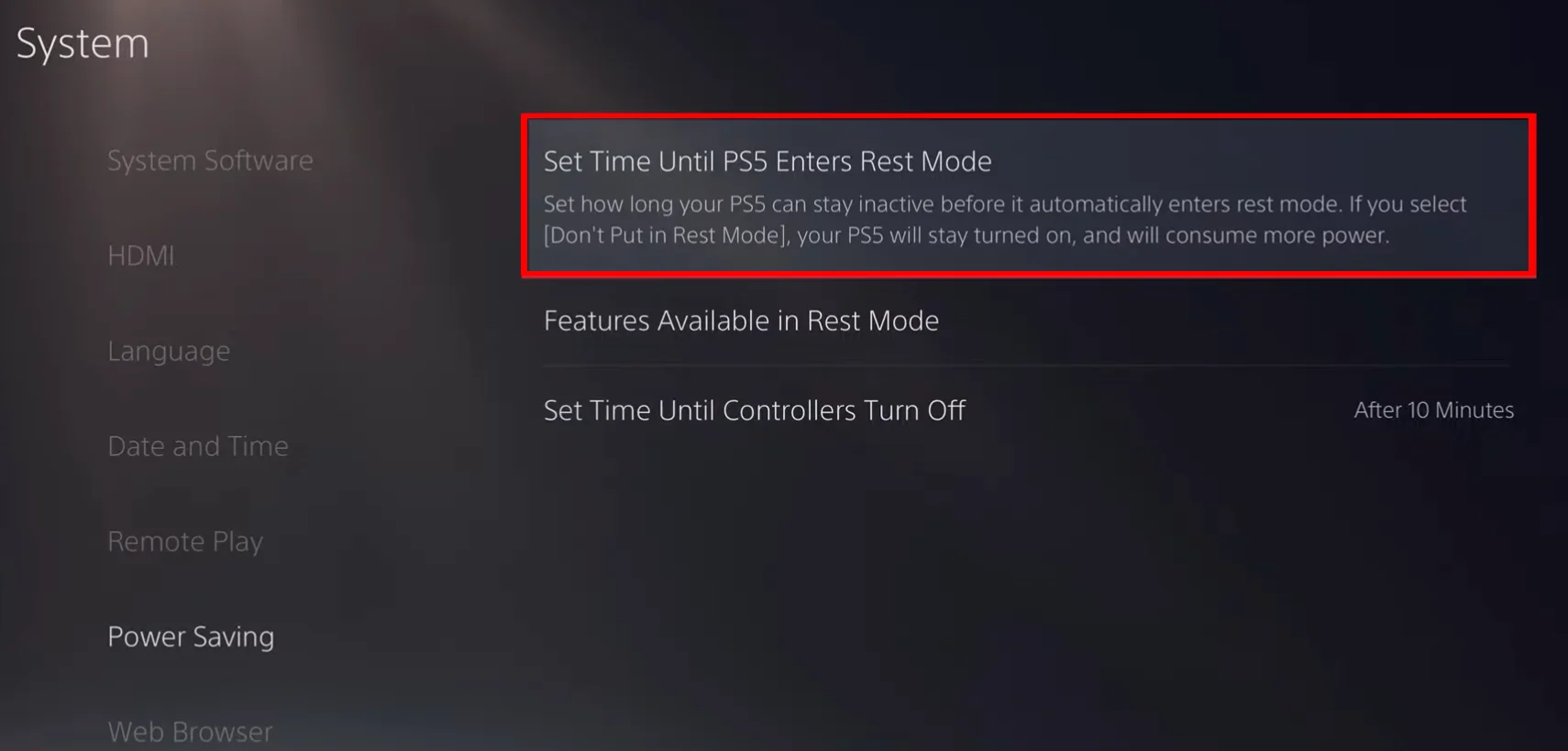 Set Time Until PS5 Enters Rest Mode
