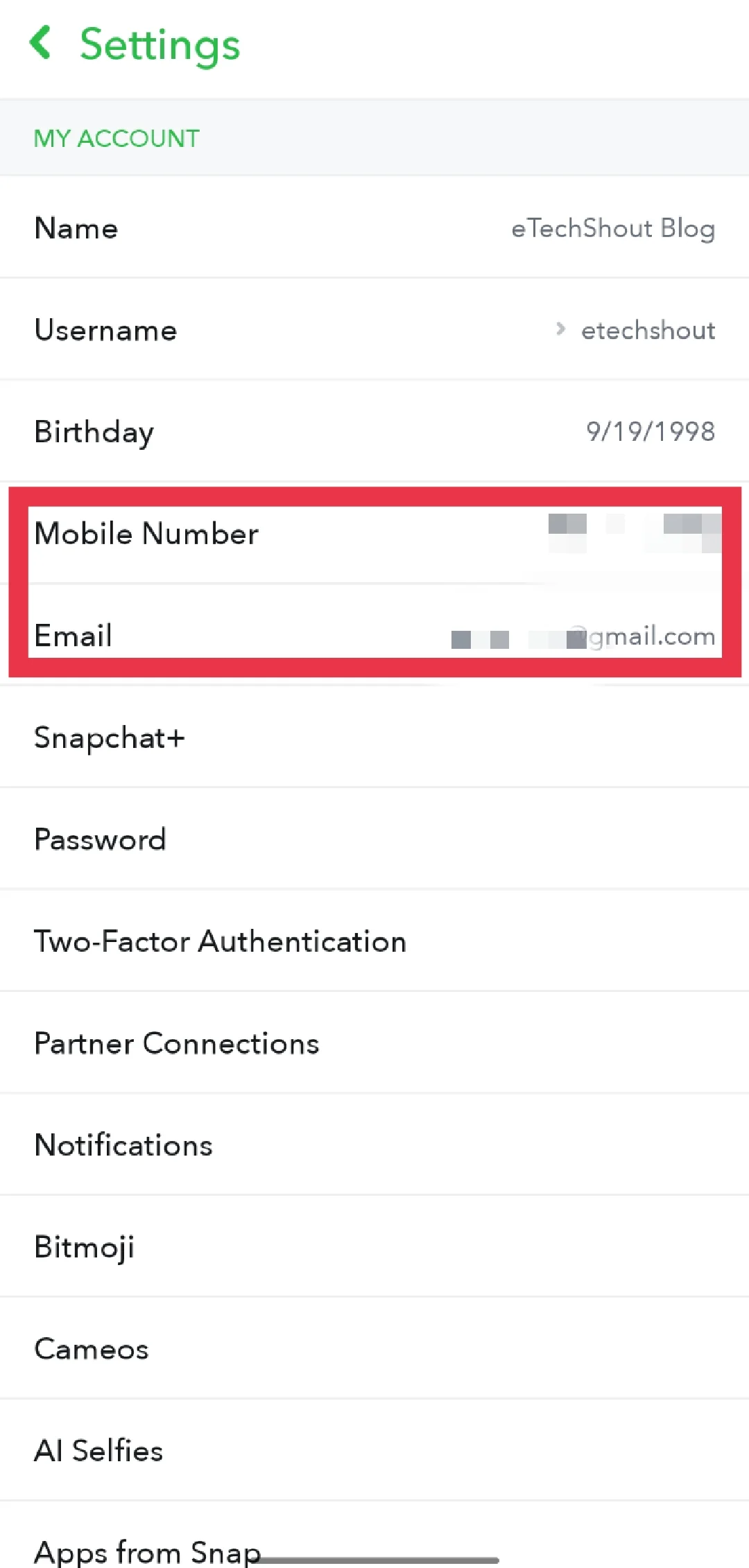 Snapchat Settings phone number and email