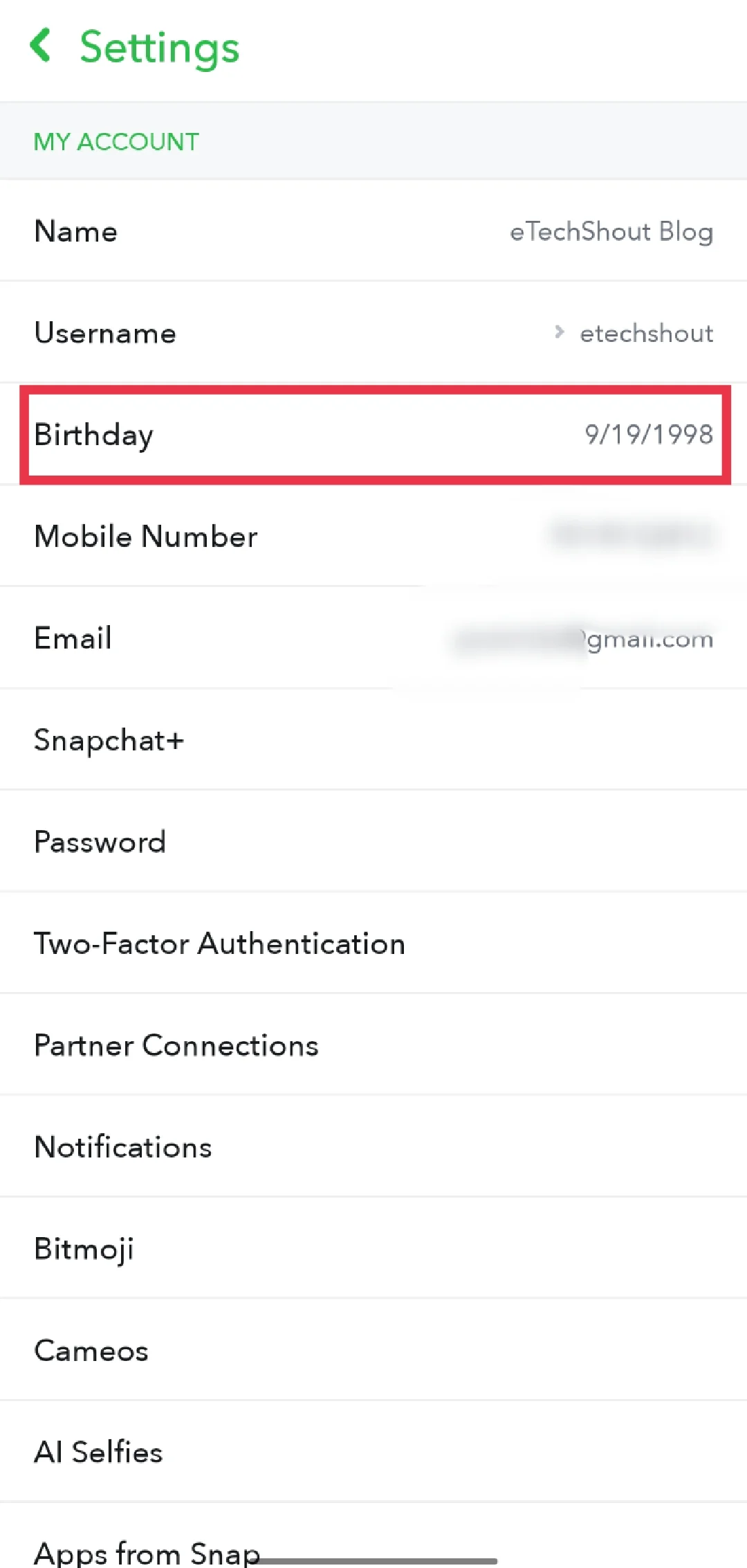 Snapchat settings birthday section