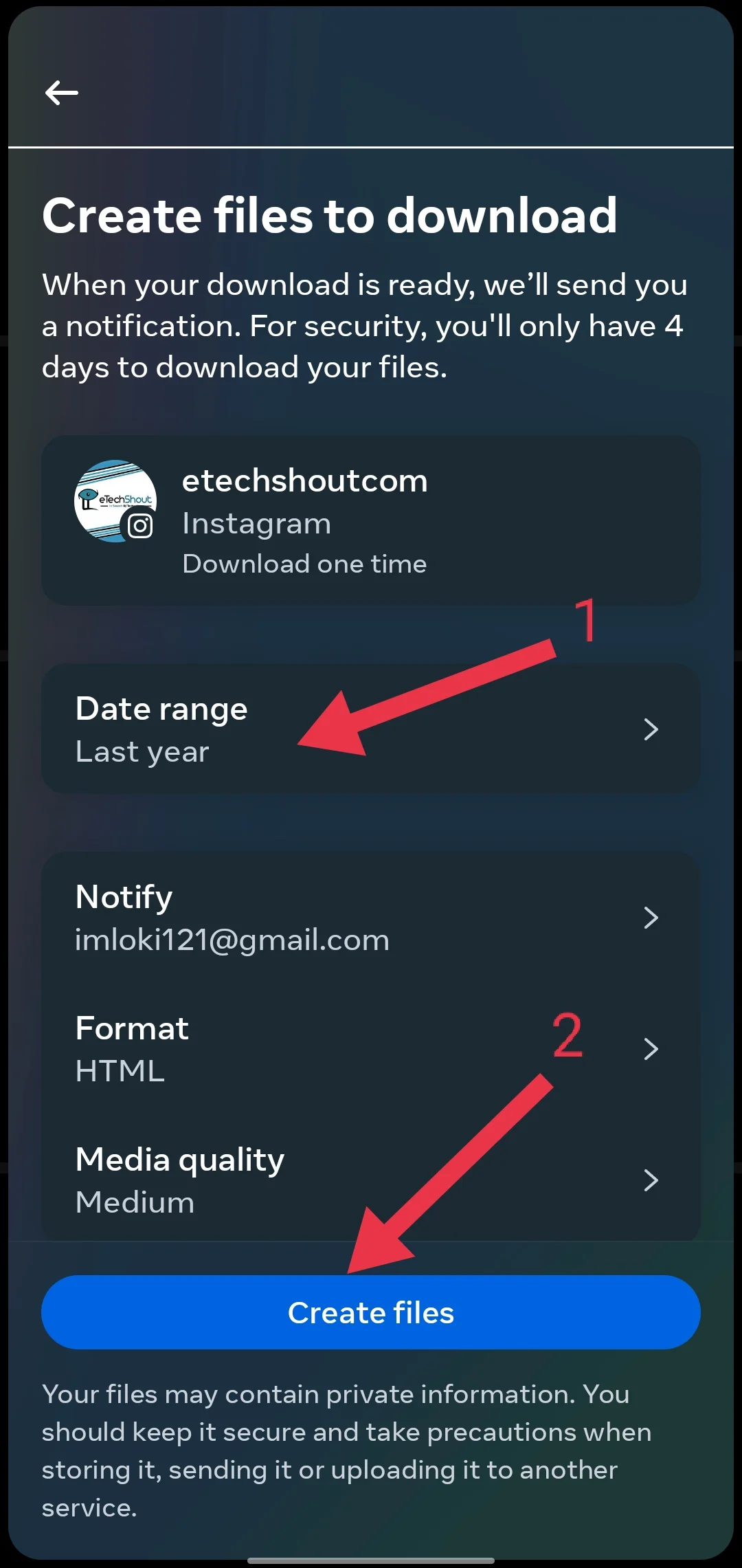 instagram data create file to download