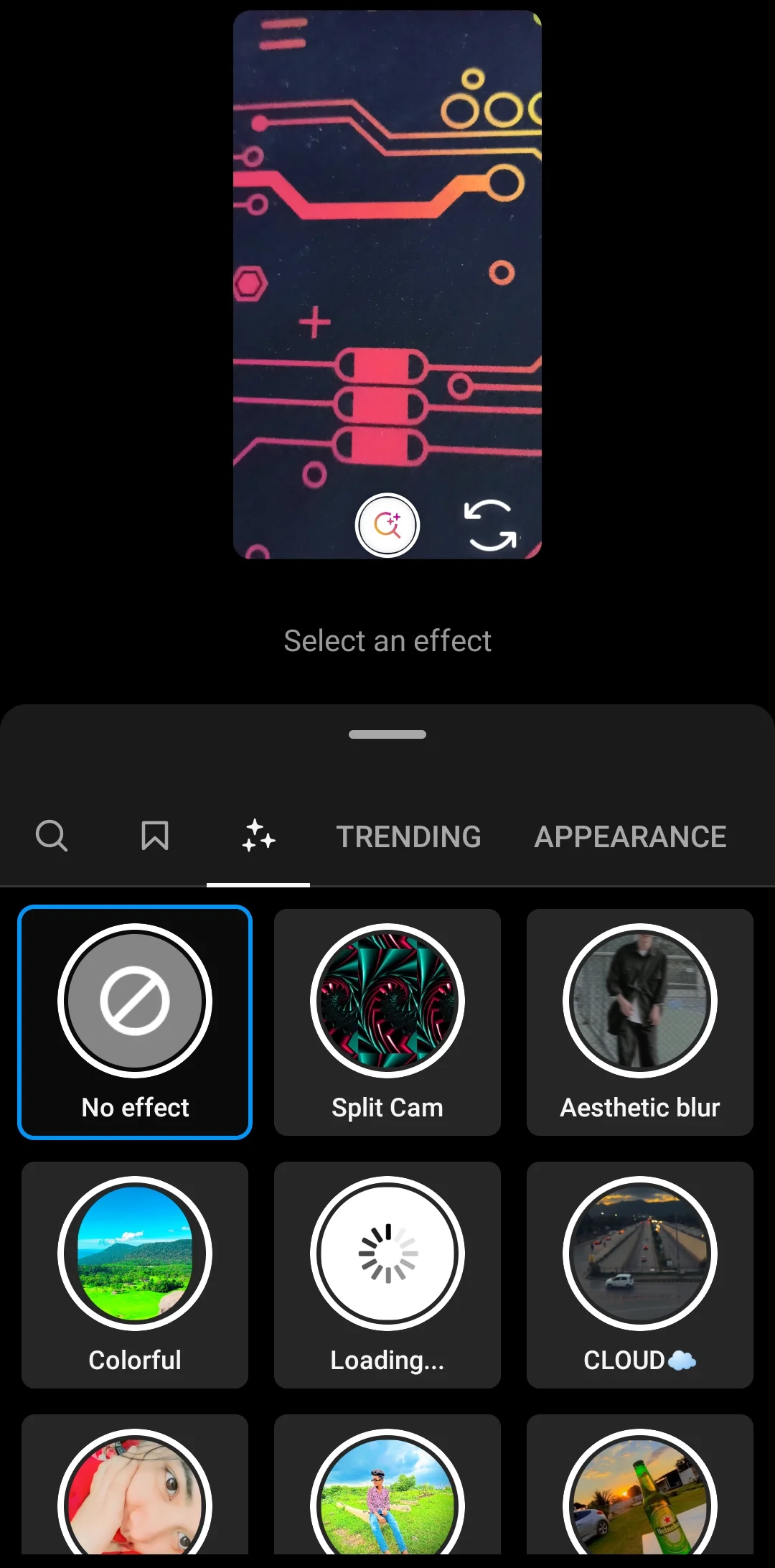 Instagram select an effect for story