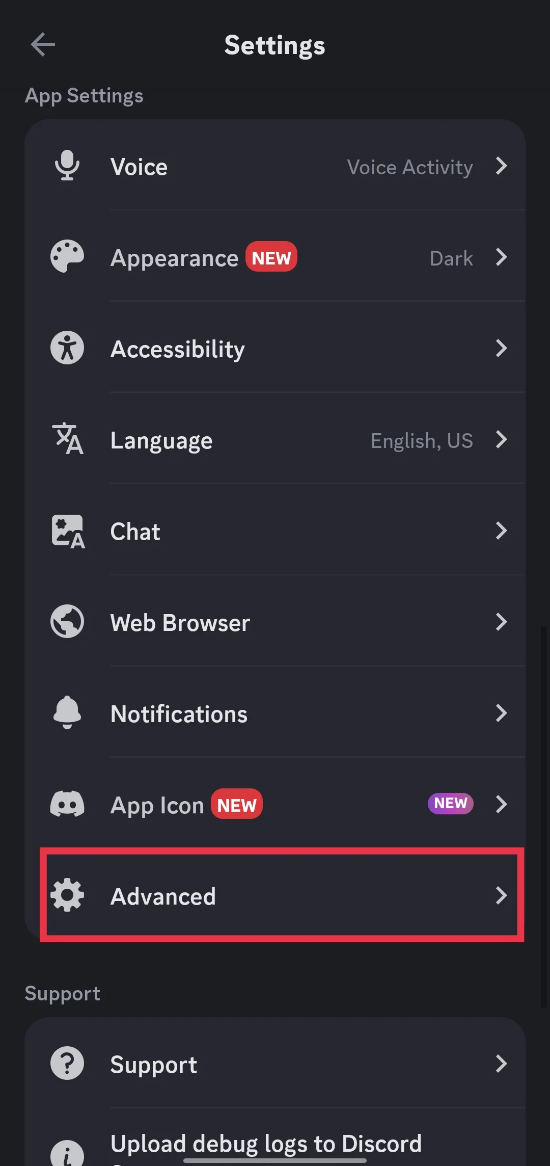 Advanced section on Discord mobile app