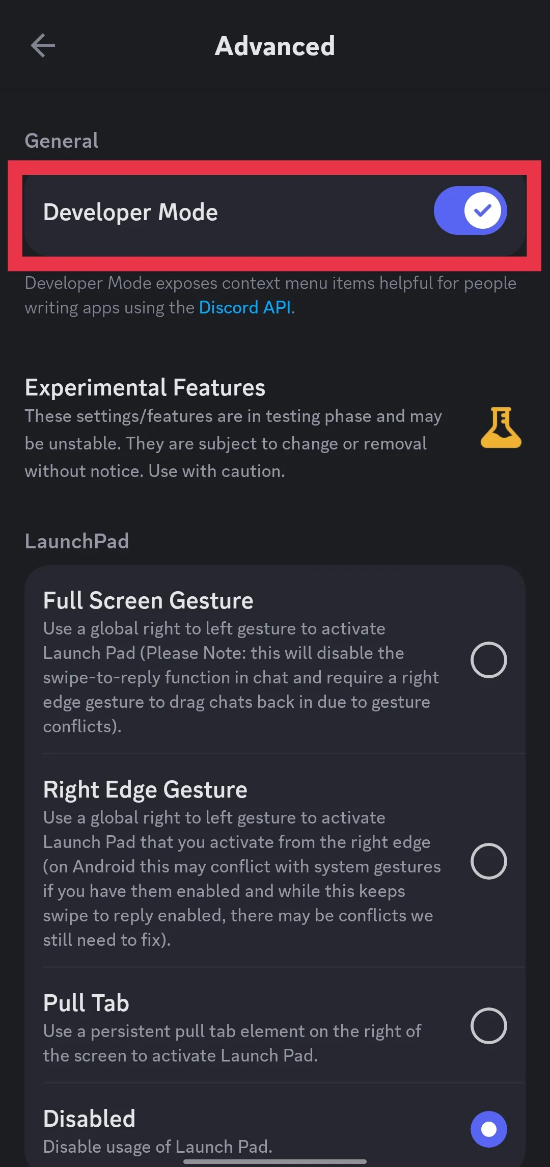 Developer mode on Discord mobile app