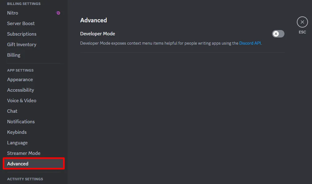 Discord web Advanced section