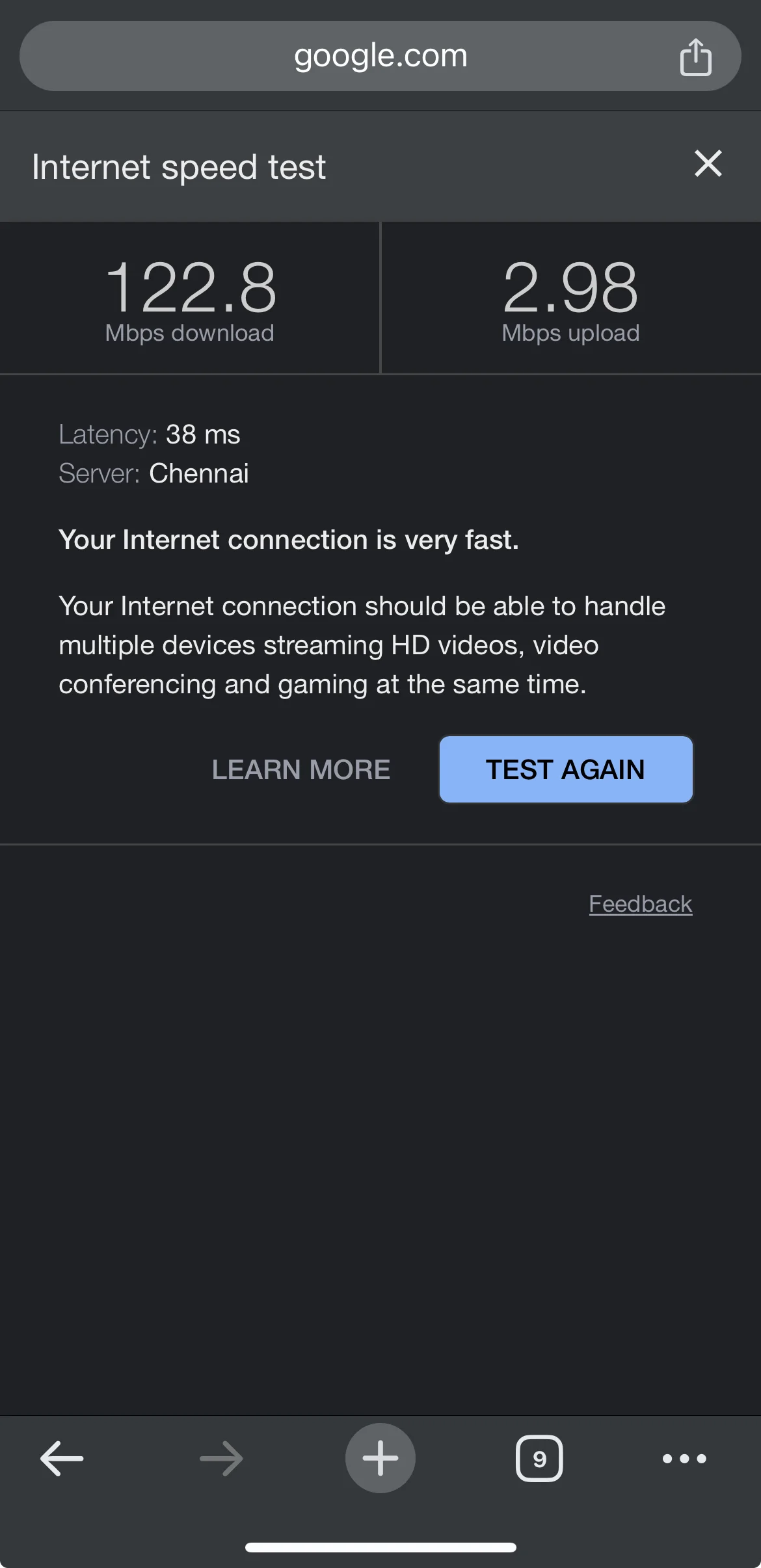 Internet speed test result