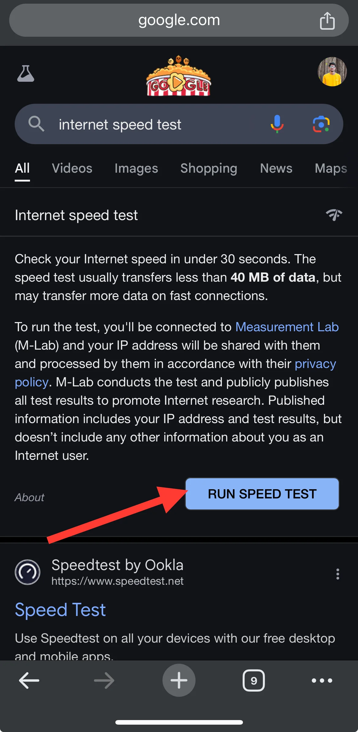 Run speed test of internet