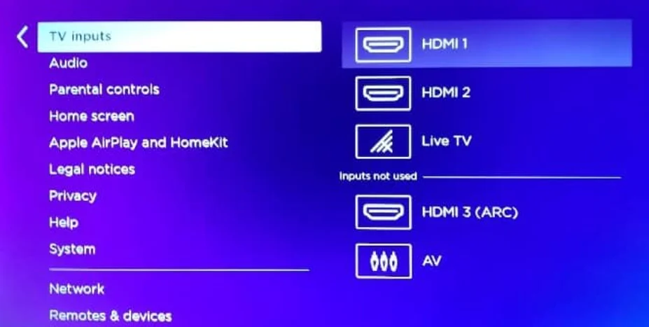 TV inputs option on Roku TV