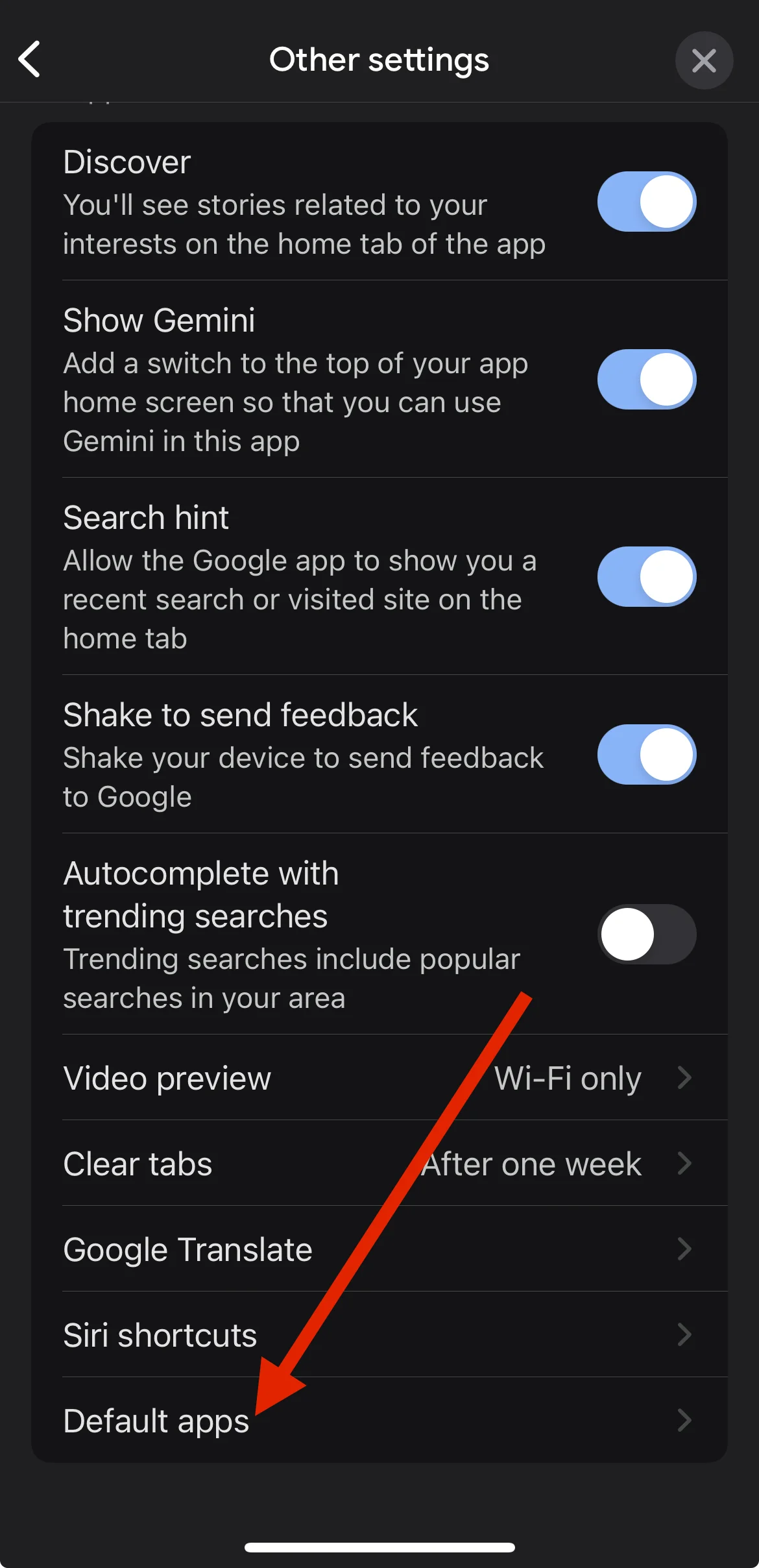 Default apps in Google app