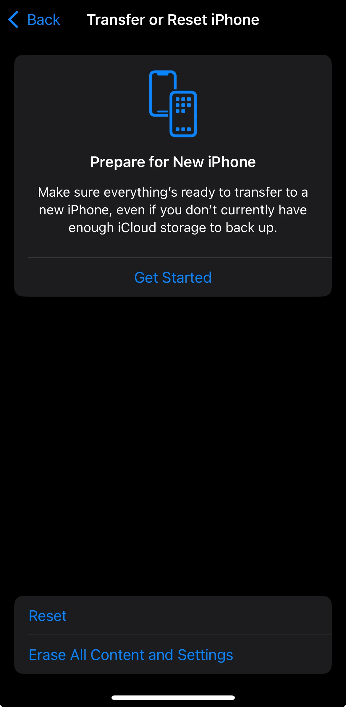 Reset option on iPhone