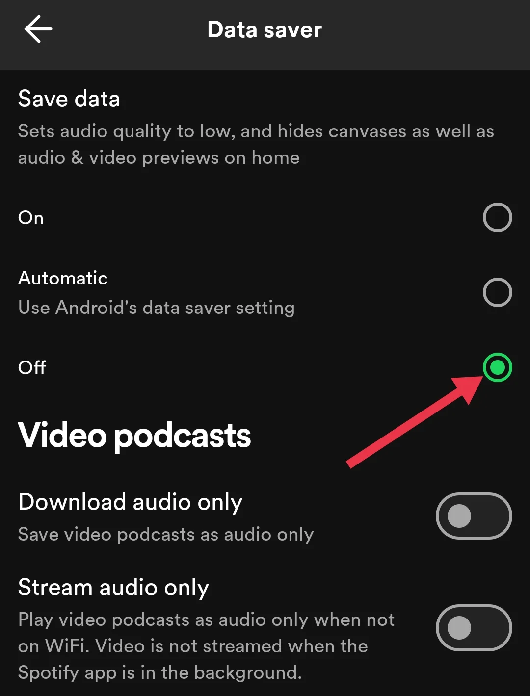 Turn off data saver for Spotify